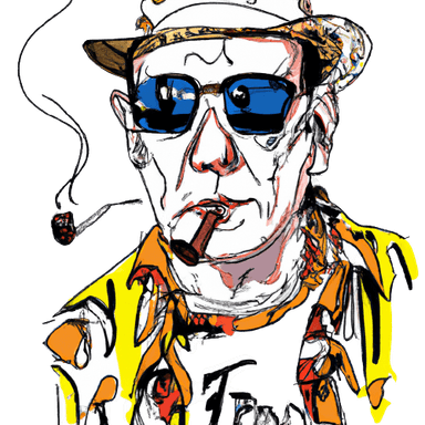 A stylized cartoon of Hunter S Thompson